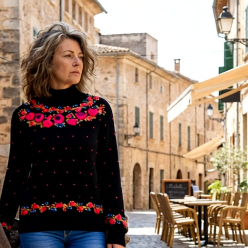 Vintage Work in Progress Boho Retro navy with flower embroidery sweater S